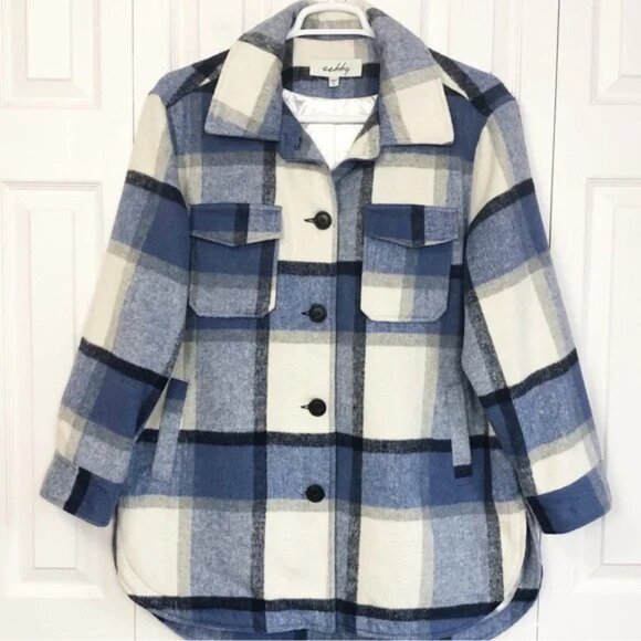 Sebby Blue Plaid Print Wool Blend Button Up Shacket Coat | Size M | EUC - Picture 3 of 12
